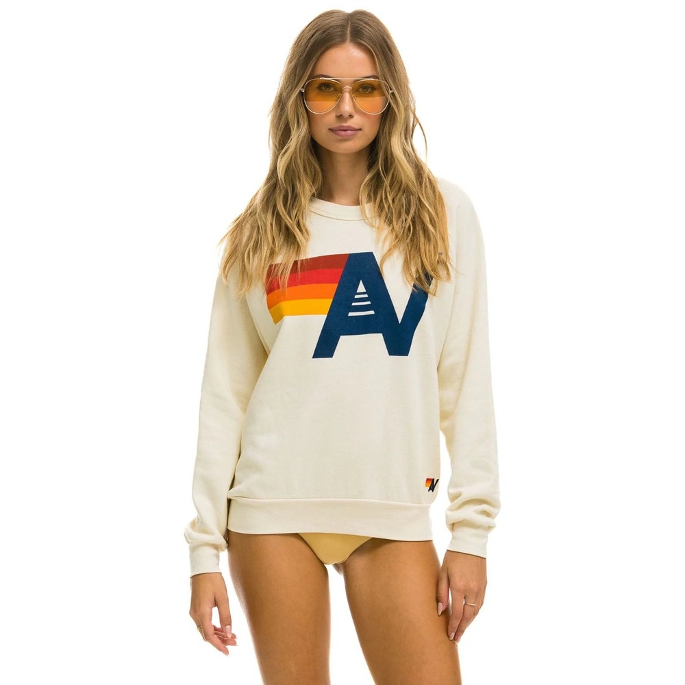 Aviator Nation Cream Sweatshirt with Navy AV Logo and Red-Orange-Yellow Stripe